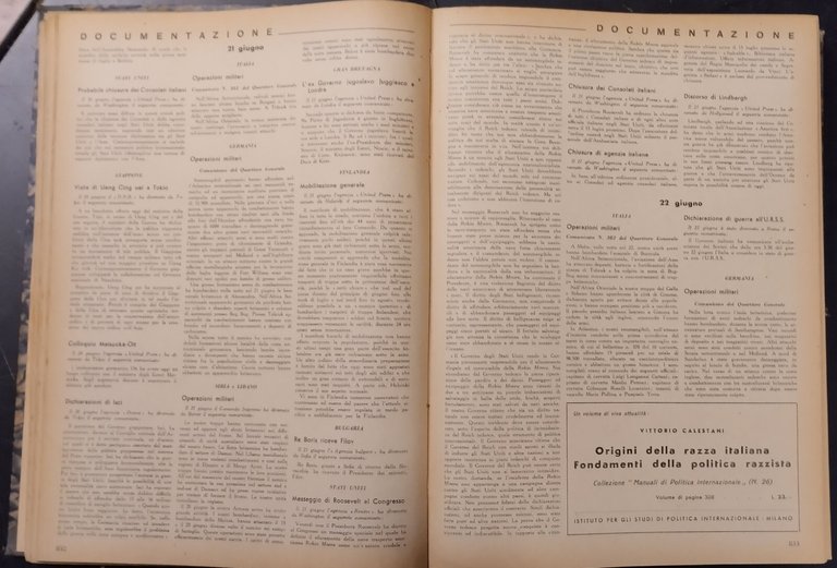 RELAZIONI INTERNAZIONALI Settimanale di Politica estera 1941 15 numeri rilegati