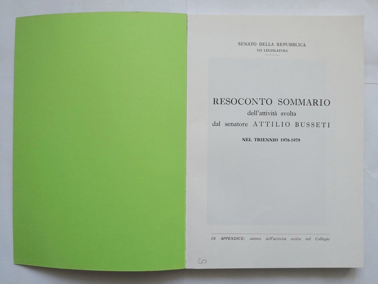 RESOCONTO SOMMARIO DELL'ATTIVITÀ SVOLTA DAL SENATORE ATTILIO BUSSETI 1976 libro