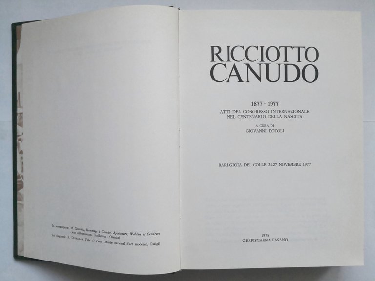 RICCIOTTO CANUDO a cura di GIovanni Dotoli 1978 Grafischena libro …