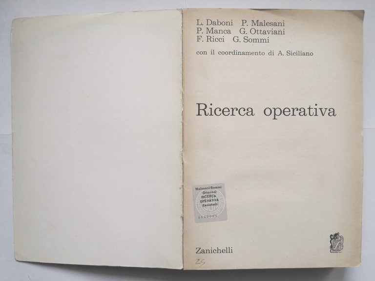 RICERCA OPERATIVA di Daboni Malesani Manca Ottaviani 1982 Zanichelli Libro