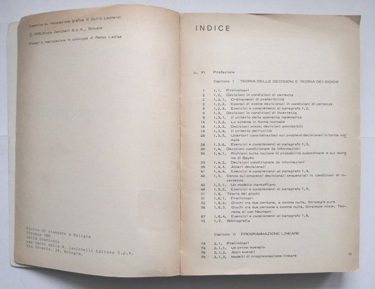 RICERCA OPERATIVA di Daboni Malesani Manca Ottaviani 1982 Zanichelli Libro