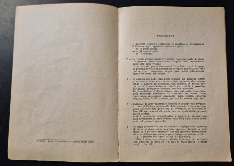 RICETTARIO PER LA PREPARAZIONE DEL VITTO MILITARE 1967 Maddaloni Libro …