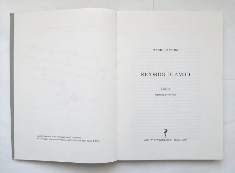 RICORDO DI AMICI di Mario Sansone 2000 Adriatica Libro autografo …