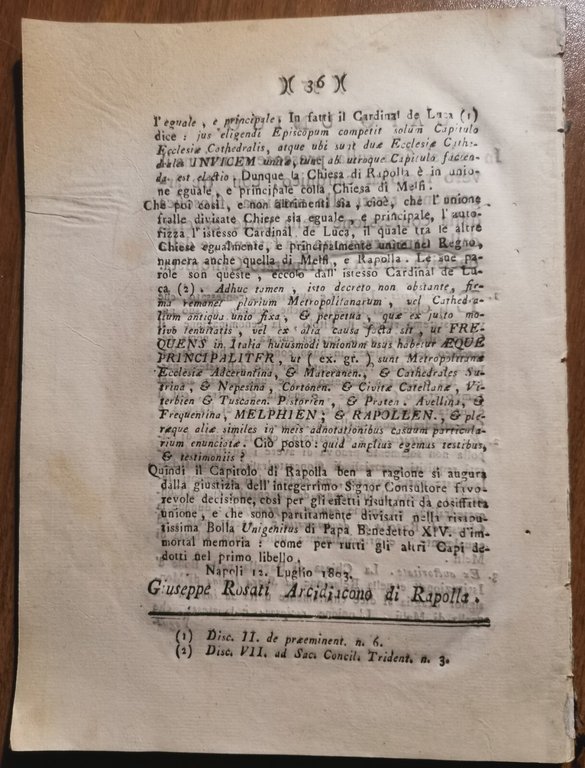 RISPOSTA DEL CAPITOLO CATTEDRALE DI RAPOLLA AL VESCOVO MELFI 1803 …