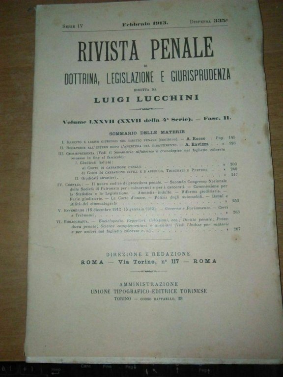 RIVISTA PENALE DOTTRINA LEGISLAZIONE GIURISPRUDENZA 1913 annata completa Libro