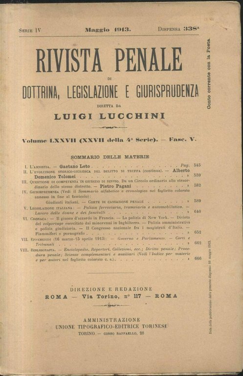 RIVISTA PENALE DOTTRINA LEGISLAZIONE GIURISPRUDENZA 1913 annata completa Libro