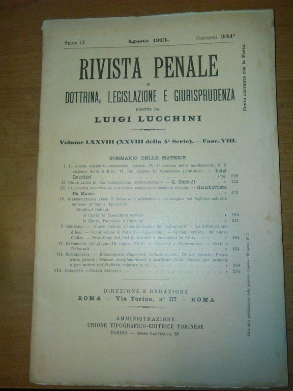 RIVISTA PENALE DOTTRINA LEGISLAZIONE GIURISPRUDENZA 1913 annata completa Libro