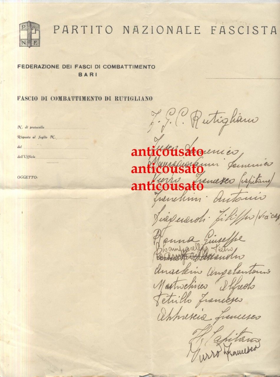 RUTIGLIANO calcio lettera intestata 1933? Autografo Vurro Francesco partita Bari