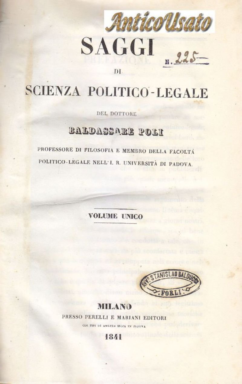 SAGGI DI SCIENZA POLITICO LEGALE di Baldassare Poli 1841 libro …