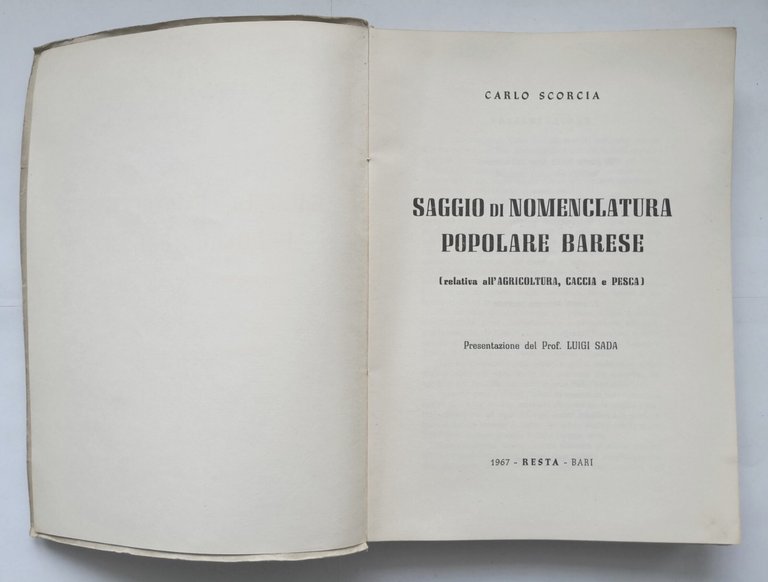 SAGGIO DI NOMENCLATURA POPOLARE BARESE di Carlo Scorcia 1967 Resta …
