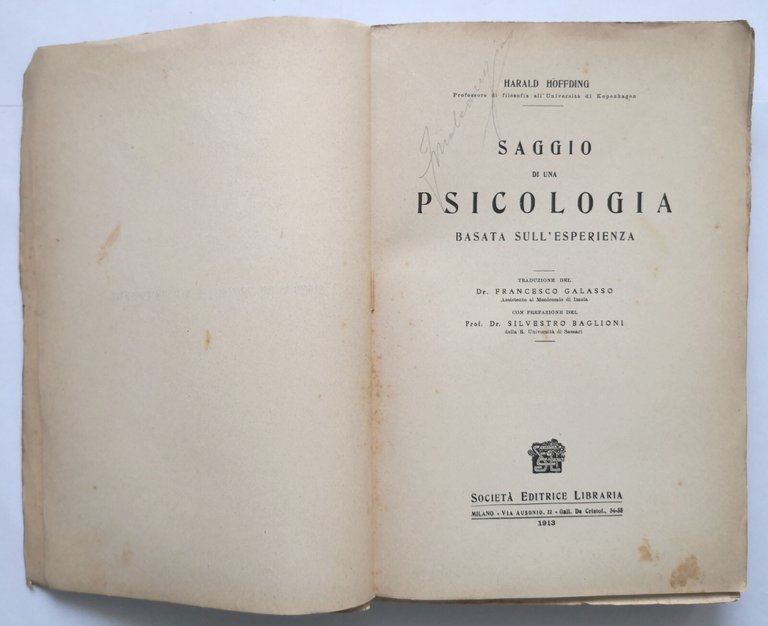 SAGGIO DI UNA PSICOLOGIA BASATA SULL'ESPERIENZA di Harald Hoffding 1913 …