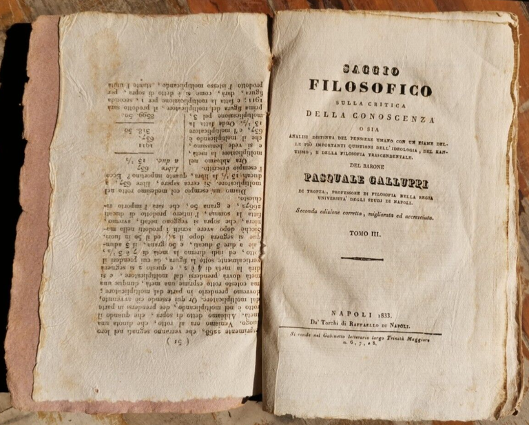 SAGGIO FILOSOFICO di Pasquale Galluppi volume III 1833 libro antico …
