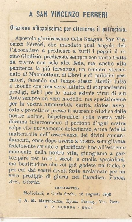 SAN VINCENZO FERRERI 1898 MANTEGAZZA GUERRA santino immaginetta sacra antica