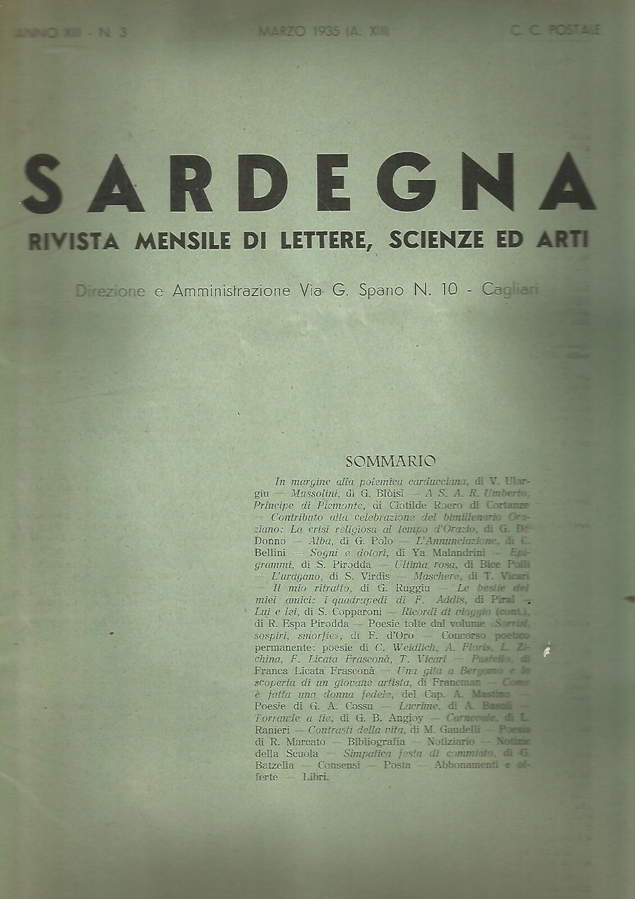 SARDEGNA mensile di lettere scienze marzo 1935 RARO RIVISTA giornale …