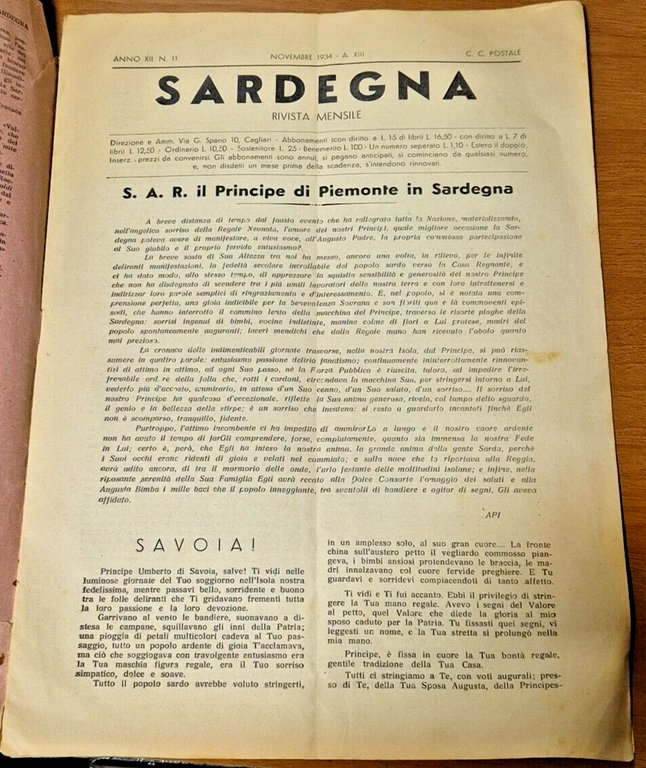Sardegna mensile di lettere scienze novembre 1934 Vintage rivista giornale
