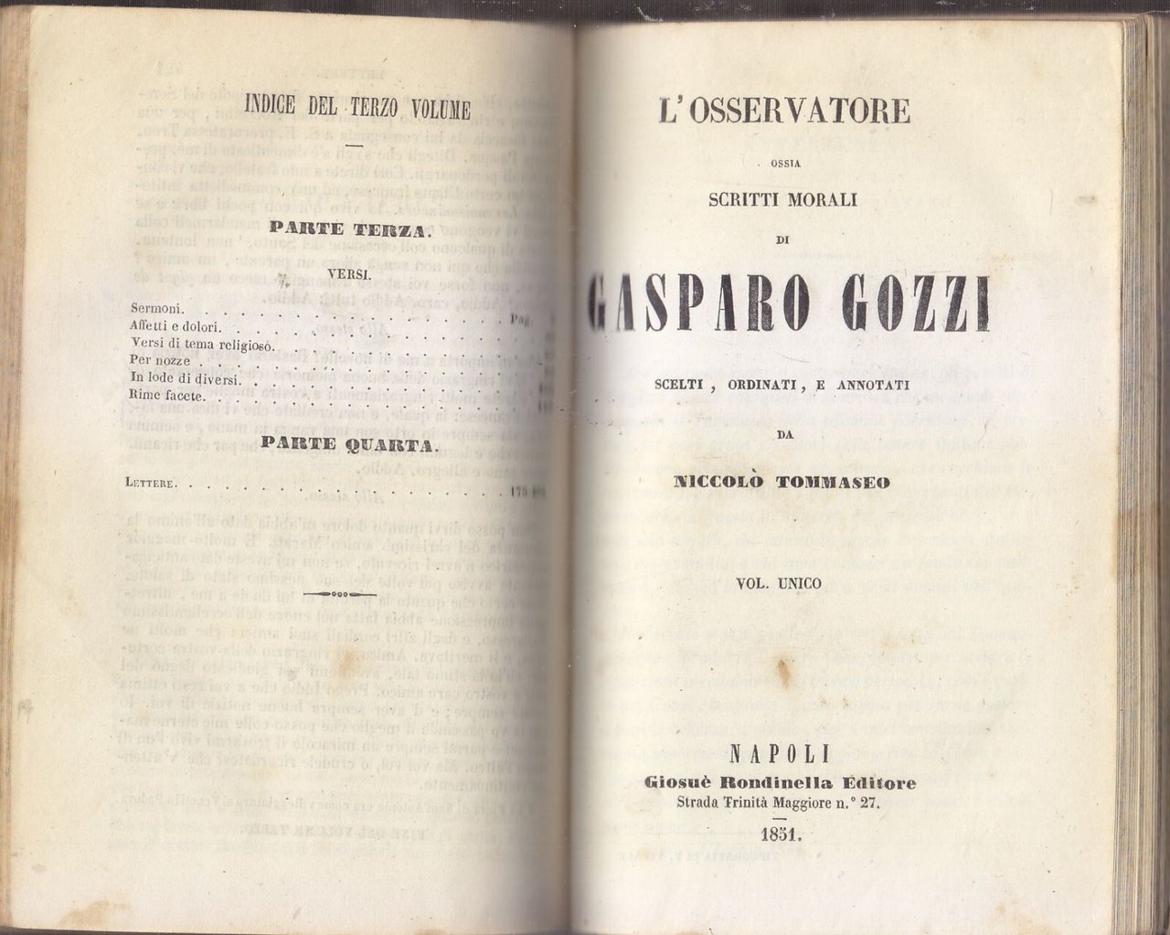 SCRITTI DI GASPARO GOZZI e L'OSSERVATORE 2 volumi in 1 …