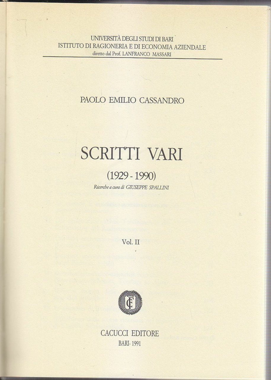 SCRITTI VARI 1929 1990 volume II di Paolo Emilio Cassandro …