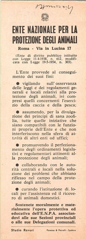 SEGNALIBRO GLI ANTENATI DEI MAMMIFERI ente nazionale protezione animali vintage