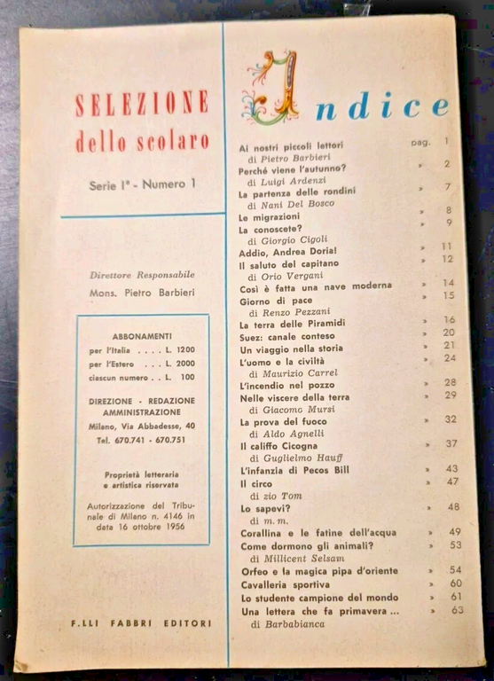 SELEZIONE DELLO SCOLARO anno I numero 1 novembre 1956 Fabbri …