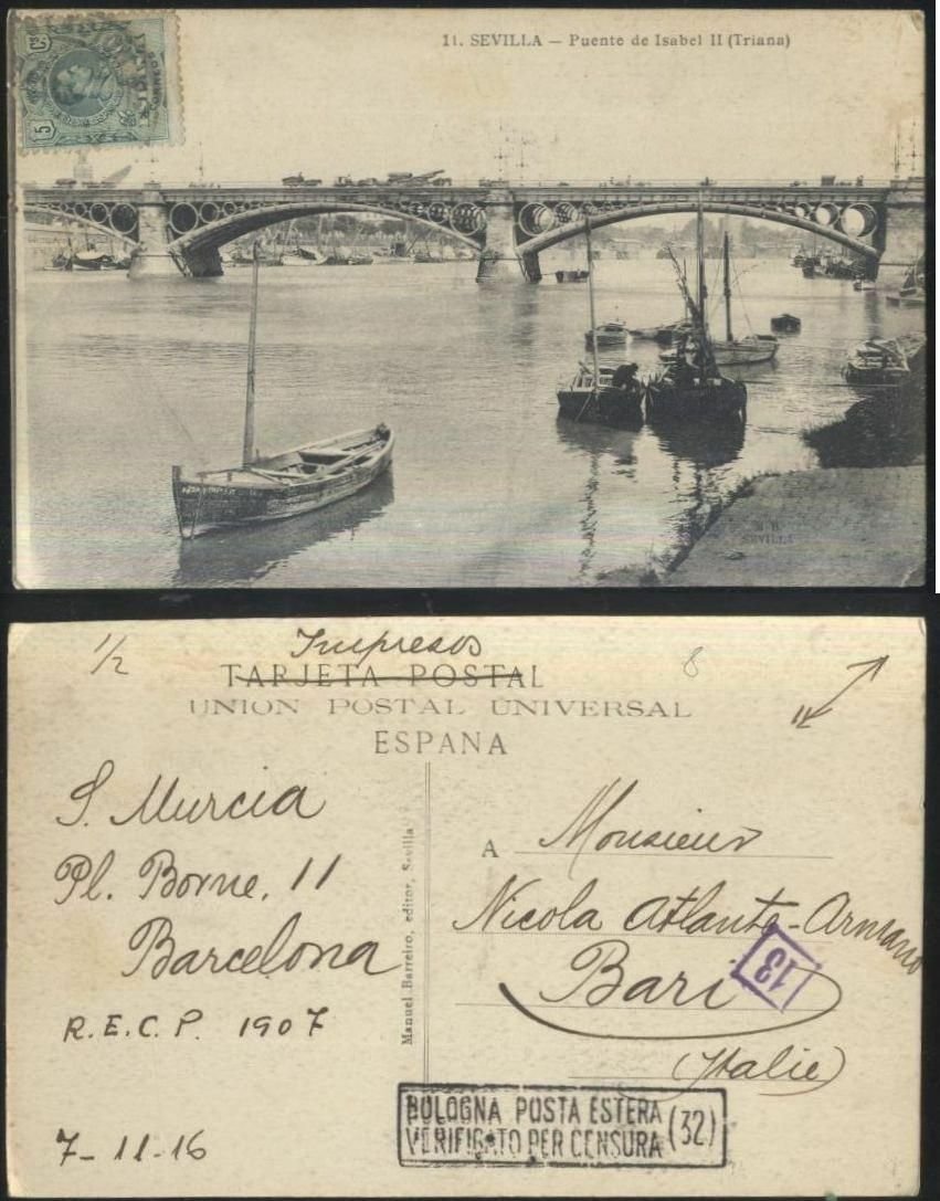 SEVILLA puente de Isabel II (Triana) 1916 postcard tarjeta postal …