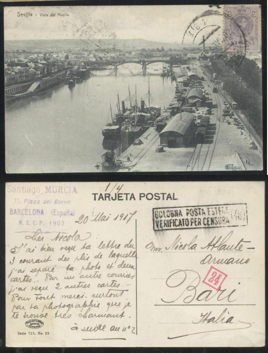 SEVILLA vista del muelle cartolina viaggiata 1917 postcard tarjeta Viintage