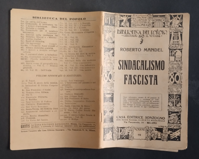 SINDACALISMO FASCISTA di Robert Mandel 1927 Sonzogno Libro