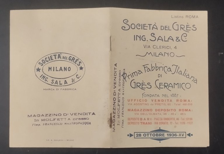 SOCIETÀ DEL GRES INGEGNER SALA Listino ottobre 1936 ceramico Libro …