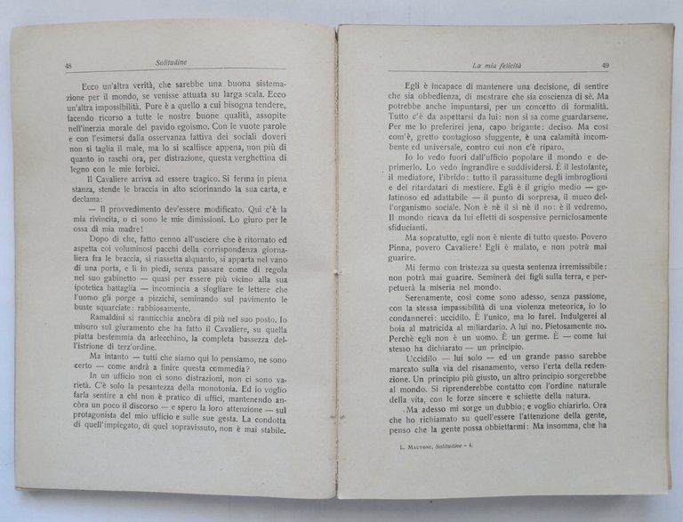 SOLITUDINE LA MIA FELICITÀ romanzo di Liborio Mautone 1939 Libro