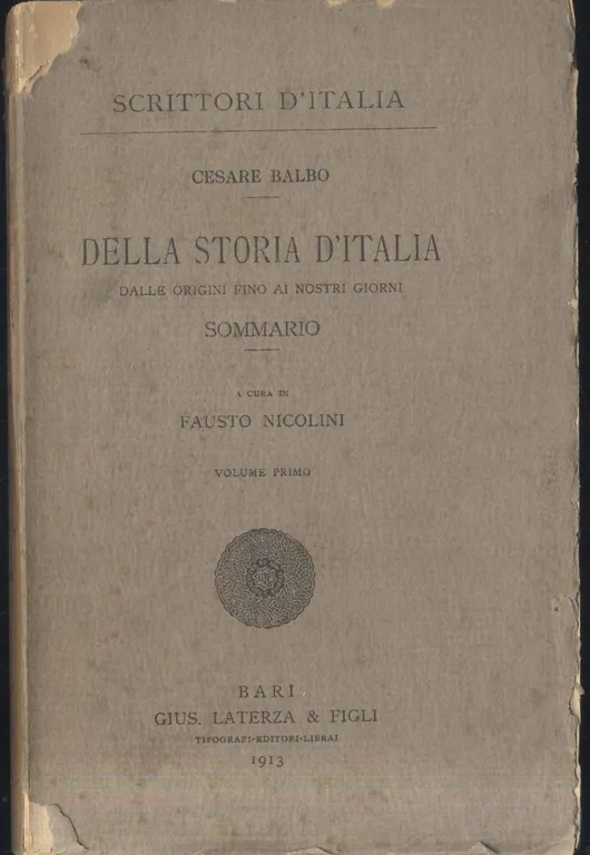 SOMMARIO DELLA STORIA D'ITALIA di Cesare Balbo 1913 Laterza libro …