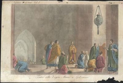 STAMPA ACQUERELLATA TOMBA DELLA VERGINE MARIA A GETSEMANI antica 1833 …