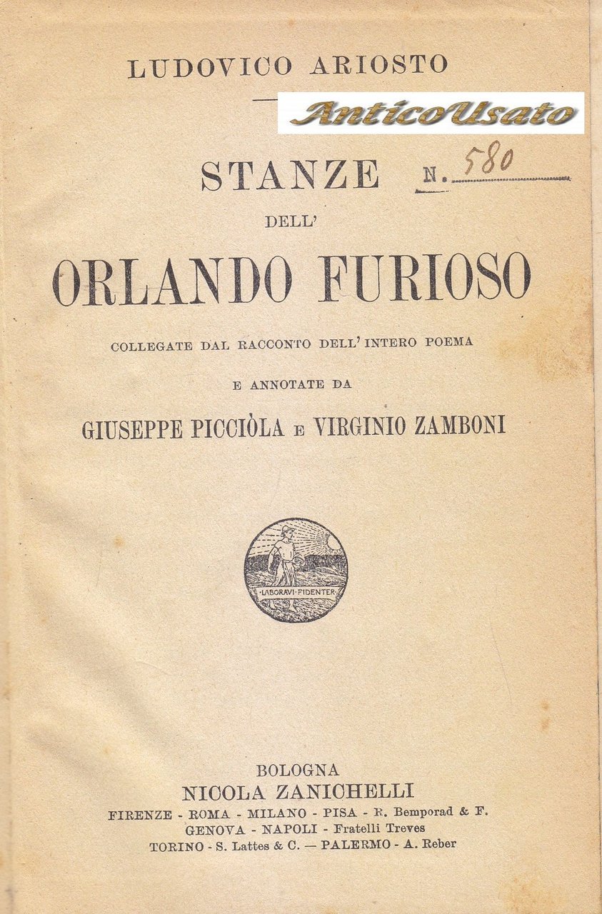 STANZE DELL'ORLANDO FURIOSO di Ludovico Ariosto 1913 Zanichelli Picciola Libro | Immagine principale
