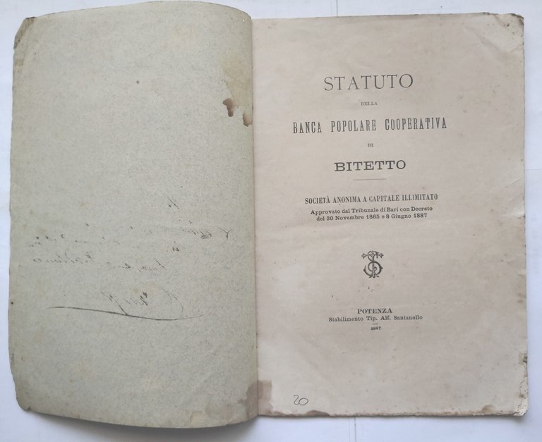STATUTO DELLA BANCA POPOLARE COOPERATIVA DI BITETTO 1887 Santanello Libro …