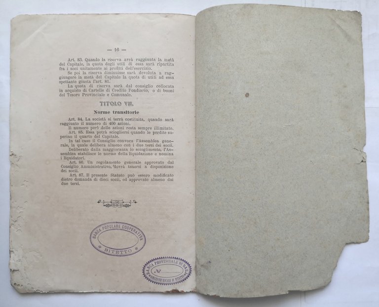 STATUTO DELLA BANCA POPOLARE COOPERATIVA DI BITETTO 1887 Santanello Libro …