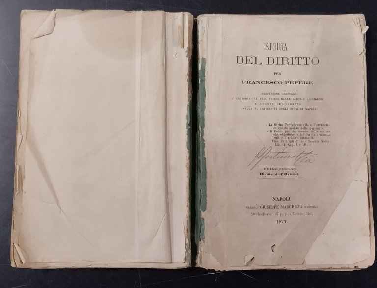 STORIA DEL DIRITTO di Francesco Pepere 1871 Marghieri Libro antico …
