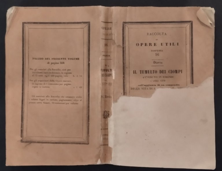 STORIA DEL TUMULTO DEI CIOMPI avvenuto in Firenze 1843 Pomba …