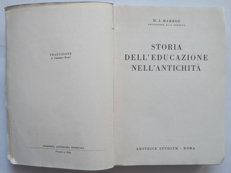 STORIA DELL'EDUCAZIONE NELL'ANTICHITÀ di Marrou 1950 Editrice Studium Libro