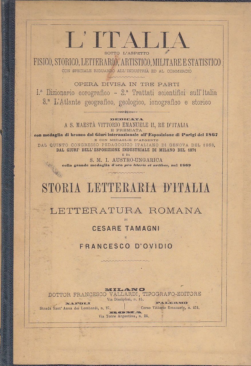 STORIA DELLA LETTERATURA ROMANA di Tamagni e D’Ovidio 1874 Vallardi …