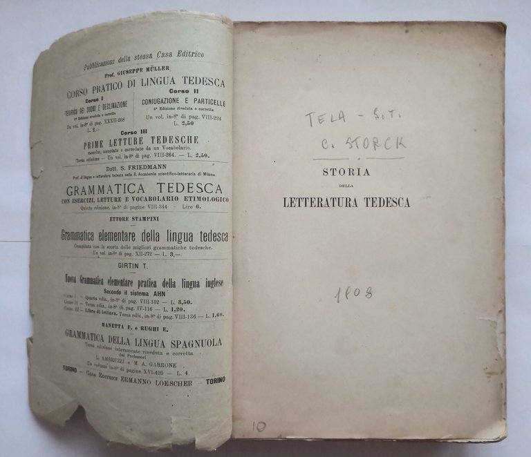 STORIA DELLA LETTERATURA TEDESCA di Carlo Storck 1908 Ermanno Loescher …