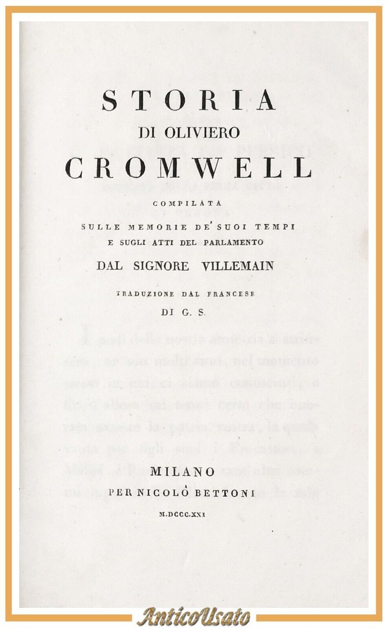 STORIA DI OLIVIERO CROMWELL Villemain 1821 Nicolò Bettoni Libro antico …