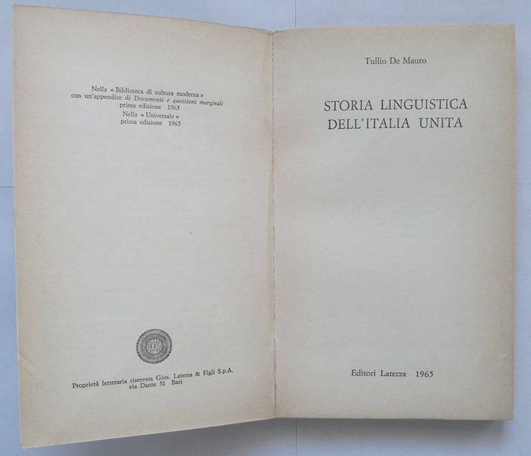 STORIA LINGUISTICA DELL'ITALIA UNITA di Tullio De Mauro 1965 Laterza …