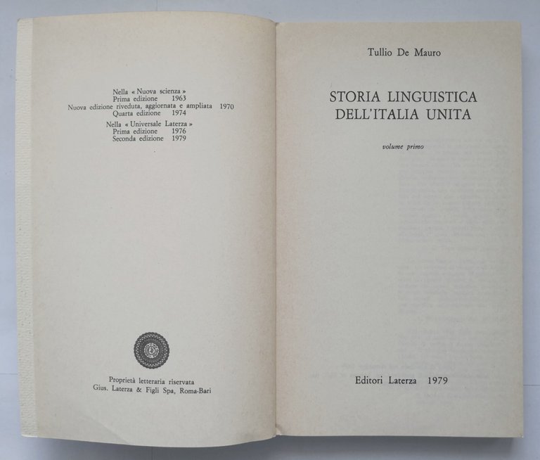 STORIA LINGUISTICA DELL'ITALIA UNITA di Tullio De Mauro 2 volumi …