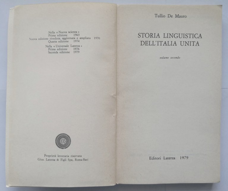 STORIA LINGUISTICA DELL'ITALIA UNITA di Tullio De Mauro 2 volumi …