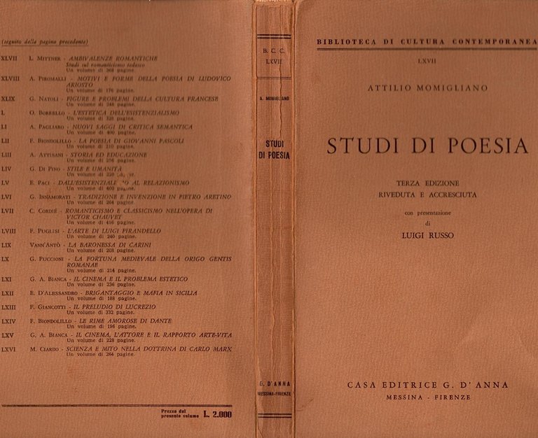 STUDI DI POESIA Attilio Momigliano 1960 D'Anna Libro presentazione Luigi …