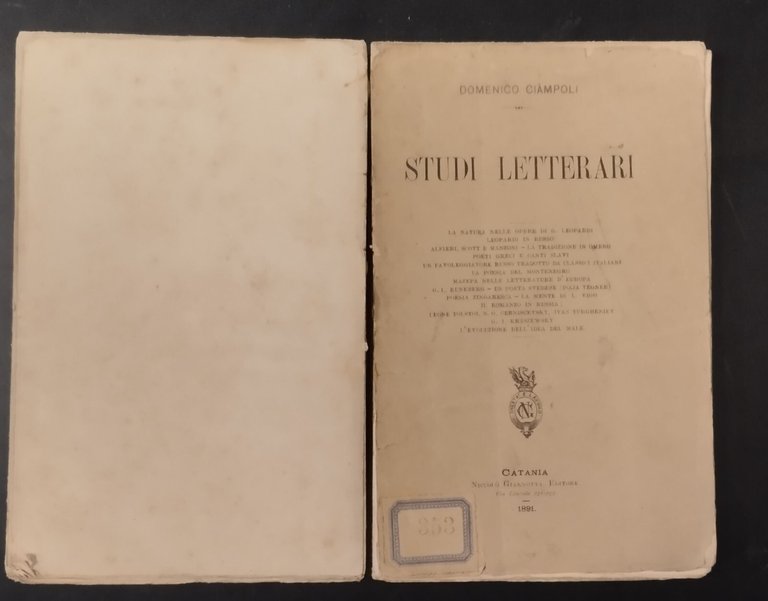 STUDI LETTERARI di Domenico Ciampoli 1891 Giannotta Libro Antico Catania