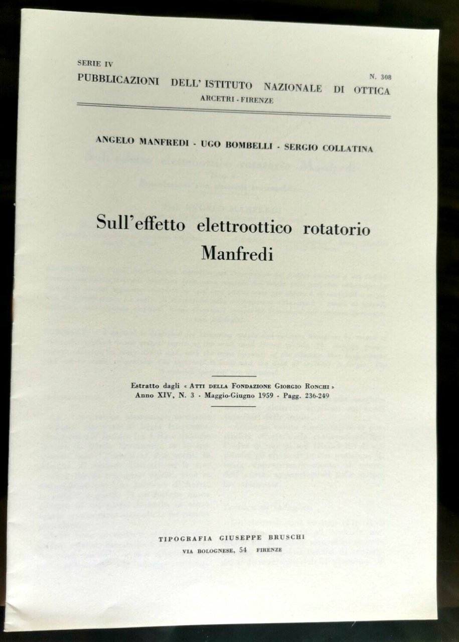 SULL'EFFETTO ELETTROOTTICO ROTATORIO MANFREDI di Collatina Bombelli 1959 Libro