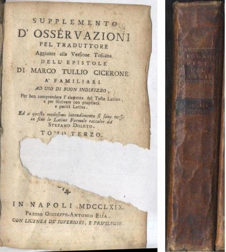 Supplemento Osservazioni Alle Epistole Di Marco Tullio Cicerone 1769 Elia …