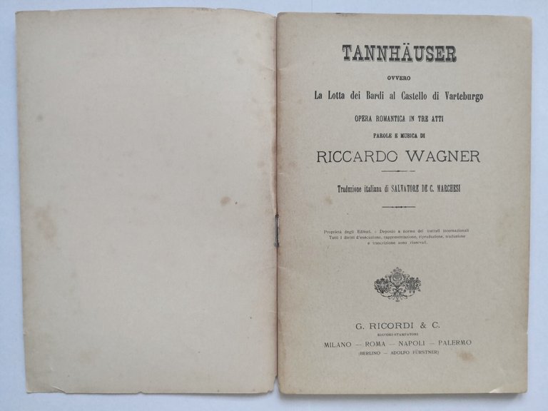 TANNHAUSER libretto opera lirica di Riccardo Wagner Editore Ricordi anni …