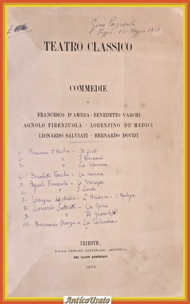 TEATRO CLASSICO COMMEDIE di D'Ambra Firenzuola De Medici 1859 Lloyd …