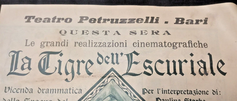 TEATRO PETRUZZELLI 1923 Bari Depliant pubblicitario film TIgre dell'escuriale
