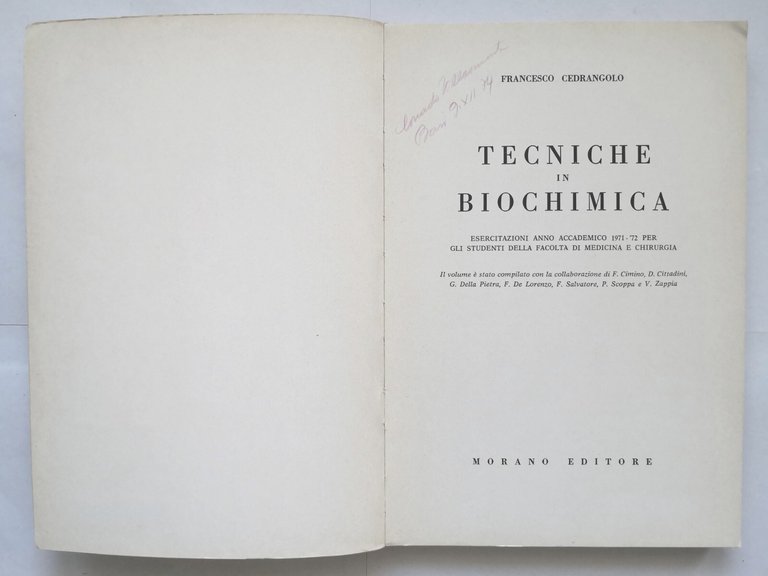 TECNICHE IN BIOCHIMICA di Francesco Cedrangolo 1972 Morano libro
